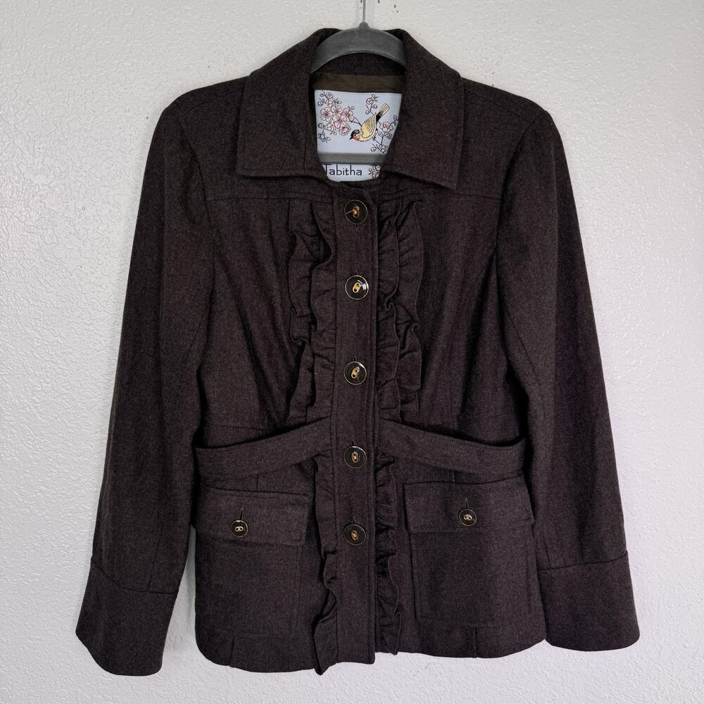 Tabitha Jacket Womens 10 Wool Blend Ruffle Front Button Coat Olive Anthropologie